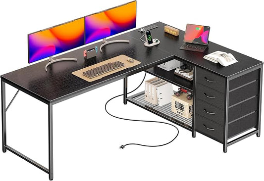 PRAISUN 53" L Shaped Desk with Power Outlets & USB-C Port, Reversible Computer Corner Office Desk with 4 Fabric Drawers and 2 Storage Shelves, Large Desk for Gaming Writing Work Study, Black