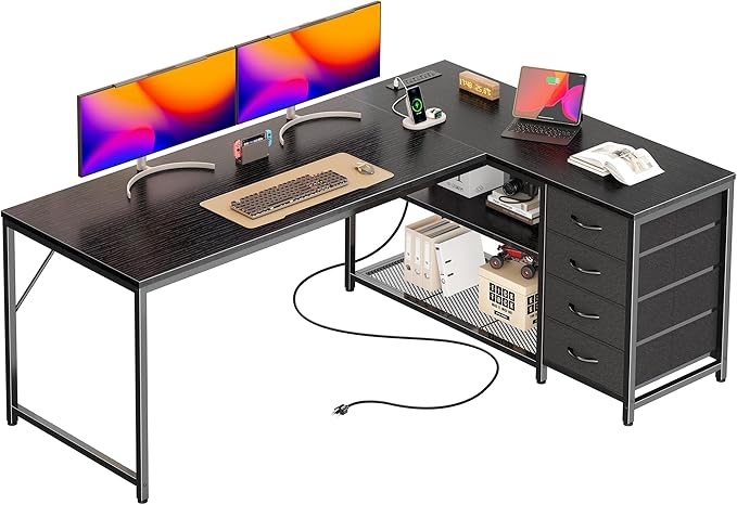 PRAISUN 61" L Shaped Desk with Power Outlets & USB-C Port, Reversible Computer Corner Office Desk with 4 Fabric Drawers and 2 Storage Shelves, Large Desk for Gaming Writing Study, Black