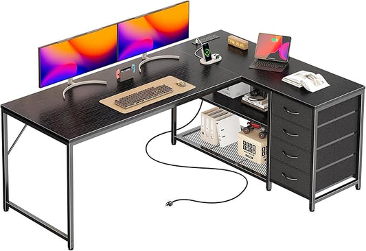 PRAISUN 61" L Shaped Desk with Power Outlets & USB-C Port, Reversible Computer Corner Office Desk with 4 Fabric Drawers and 2 Storage Shelves, Large Desk for Gaming Writing Study, Black