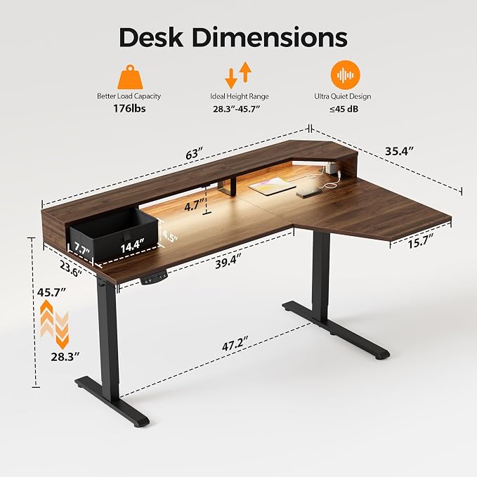 Agilestic 63 Inch L Shaped Electric Standing Desk with Shelf, Height Adjustable Large Desk with Power Outlets & LED, Corner Sit Stand Up Table with Monitor Stand, Computer Workstation, Dark Walnut