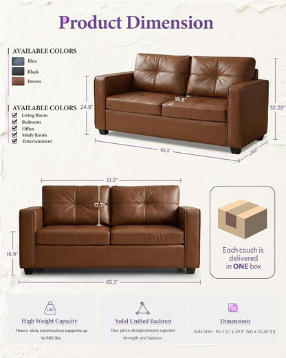 TYBOATLE 65" Faux Leather Love Seat Sofa for Living Room, Modern Tufted Comfy Loveseat w/USB Charging Ports and Wide Arms, 2 Seater Office Small Couch for Small Space Bedroom, Brown