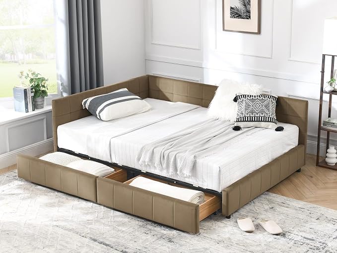 KEIKI Full Size L Shape Corner Bed Frames with 2 Storage Drawer, Backrest and Armrests, Velvet Upholstered Sofa Daybed for Small Room, Living Room, Bedroom, Guest Room, Kids' Room