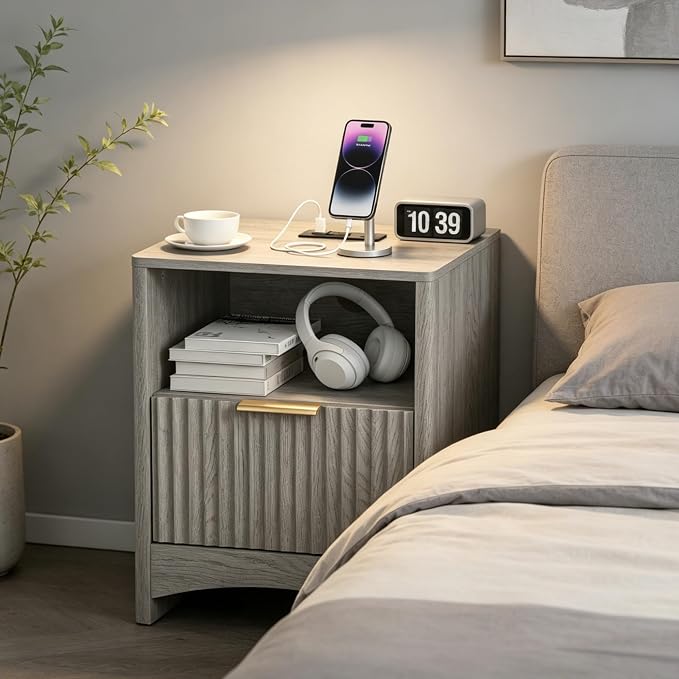 Marsail Fluted Nightstand, Wooden Nightstands with Drawers, Modern Bedside Table with Charging Station and Storage, End Table with Storage Side Table for Bedroom, Grey