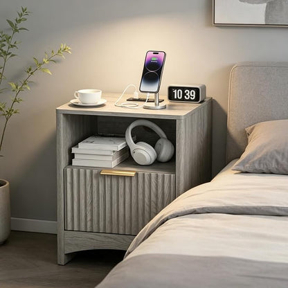 Marsail Fluted Nightstand Set of 2, Wooden Nightstands with Drawers, Modern Bedside Table with Charging Station and Storage, End Table with Storage Side Table for Bedroom, Grey