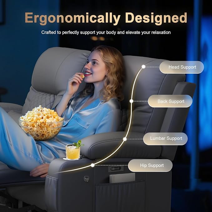 Power Loveseat Recliner Sofa, Electric Reclining Loveseat Couch with Console, Home Theater Seating with Bluetooth Speaker & LED Light, Zero Wall Hugger RV Sofa Furniture with Built-in Outlet & Storage
