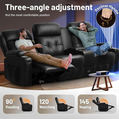 Loveseat Recliner Sofa, Home Theater Seating with Massage, 3 Seat Reclining Loveseats with Console, Wall Hugger RV Couch Movie Theater Chairs, RV Furniture Sofas with USB, Cup Holders for Gaming Room