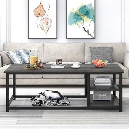 EXCEFUR Coffee Table, Rustic Wood and Metal Living Room Table with Adjustable Storage Shelf, Dark Grey, 47 Inch