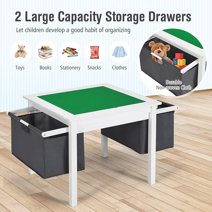 Costzon Kids Table, Children Wooden Activity Table w/Storage Drawers, 2 in 1 Building Block Tabletop for Arts, Crafts, Reading, Preschool, Nursery, Kindergarten, Toddler Table (White)