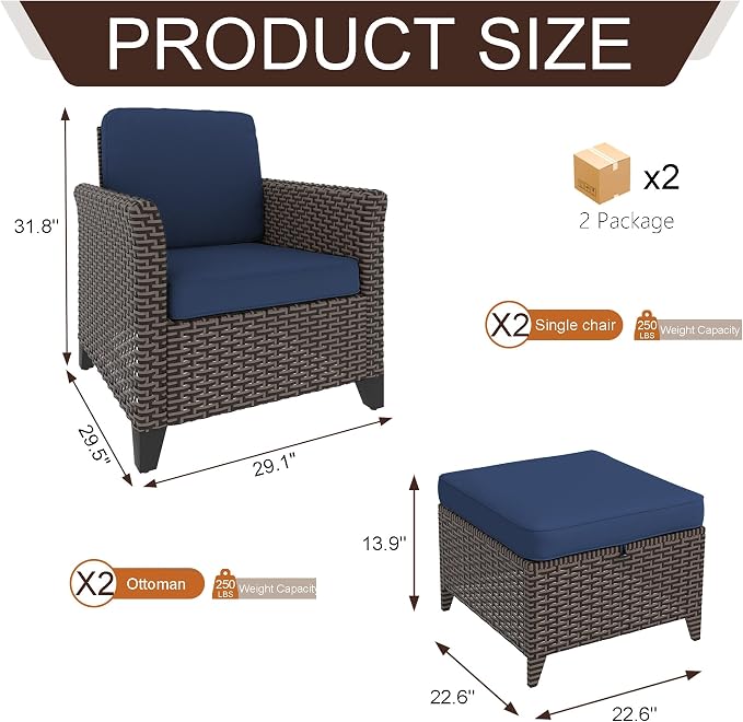4 Pieces Patio Furniture Set, 2 High Back Chairs & 2 Ottomans, All-Weather PE Wicker Furniture with Waterproof Cushions for Deck, Garden, Porch