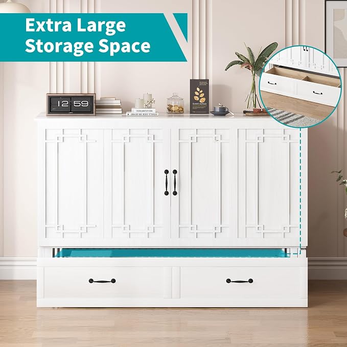 BALUS Murphy Bed, Queen Cabinet Murphy Bed with Built-in USB Ports & Storage Drawer, Space-Saving, Hidden Cabinet Chest Beds for Guest Bedroom, Office, Easily Convertible - White