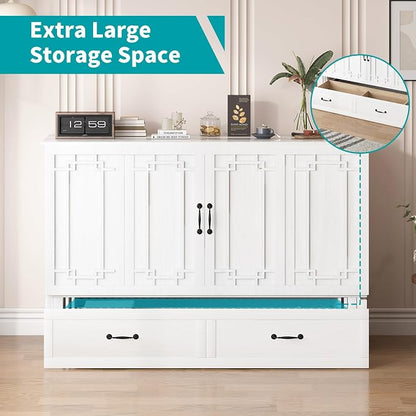 BALUS Murphy Bed, Queen Cabinet Murphy Bed with Built-in USB Ports & Storage Drawer, Space-Saving, Hidden Cabinet Chest Beds for Guest Bedroom, Office, Easily Convertible - White