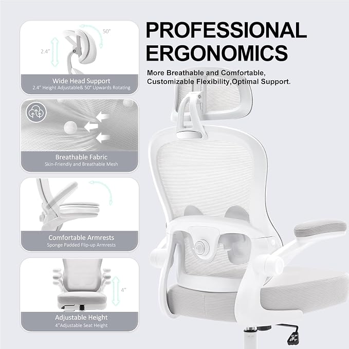 Ergonomic Office Chair,Ultra Thick Spring Cushion Desk Chair,Grey | Adjustable Lumbar Support and Headrest,Flip-up Arms,Rocking Function,Mesh Home Office Computer Chair