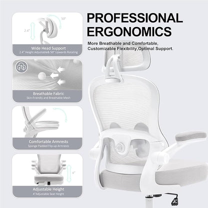 Ergonomic Office Chair,Ultra Thick Spring Cushion Desk Chair,Grey | Adjustable Lumbar Support and Headrest,Flip-up Arms,Rocking Function,Mesh Home Office Computer Chair