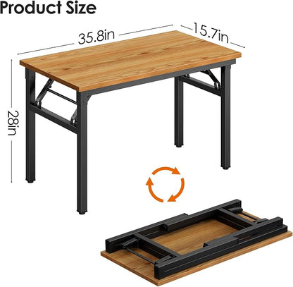 DlandHome Folding Desk for Small Spaces, 35.8'' Computer Desk Folding Table, Foldable Office Desk Computer Table Writing Workstation for Home Office, Study, Bedroom, No Assembly Required, Teak & Black