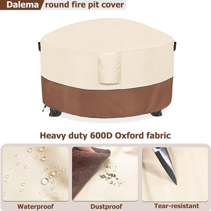 Fire Pit Cover,Outdoor Heavy Duty 600D 100% Waterproof Fire Pit Cover Round,Weatherproof Firepit Covers Round 42" Dia x 24" H,Beige & Brown
