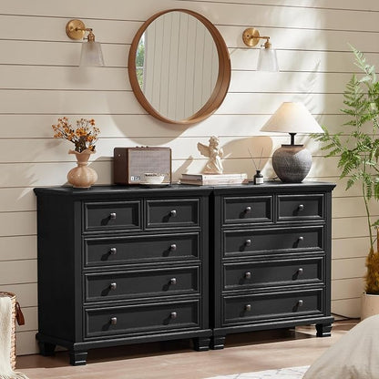 SAVOR LIFE Farmhouse Dresser and Nightstand Sets of 3, 5 Drawer Dresser & 2 Drawer Nightstand, Rustic Black Bedroom Furniture Set for Home, Bedroom, Hallway, Black