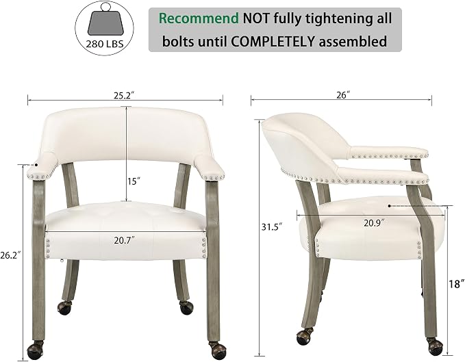 LEEMTORIG Large Dining Chairs with Casters and Arms, Rolling Dining Chairs with Wheels, Accent Game Poker Table Chairs, Solid Wood Office Chairs, 26“Dx25.2 Wx31.5“H, Grey Legs & Ivory PU SY-1318-WT
