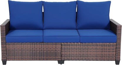 EortheX 3-Seat Rattan Wicker Outdoor Patio Sofa Garden Deck Porch, Blue | weather-resistant PE rattan,quick-dry anti-slip cushions,for garden/deck/porch,rust-resistant frame,easy assembly,small space