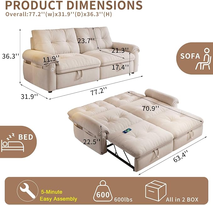 77.2'' Pull Out Couch Full Size, Pre-Assembled Sleeper Sofa Bed, Flannel Convertible Futon Sofa Bed with Adjustable Backrest, USB, Side Pocket, Loveseat for Living Room, Apartment, Beige