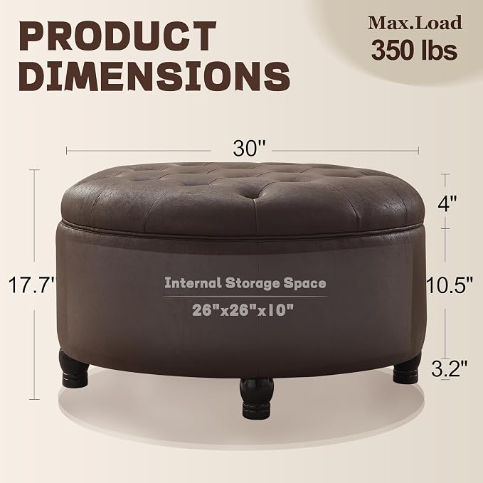 30-Inch Round Storage Ottoman, Button Tufted Ottoman Coffee Table with Removable Top for Living Room, Bedroom, Office (Dark Brown)