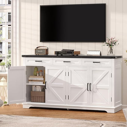 usikey Large Sideboard Buffet Cabinet with 4 Doors and 3 Drawers, Farmhouse Buffet Table, Dining Room Storage Cabinet for Kitchen or Living Room, White