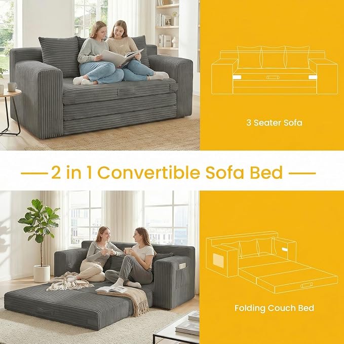 Boneless Couch,3 Seater Boneless Couch Bed – 3-in-1 Convertible Sleeper Sofa with Side Pockets & Handle,Pull Out Corduroy Futon for Small Space,Living Room & Bedroom, 3 Pillows Included,No Assembly