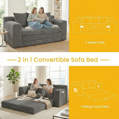Boneless Couch,3 Seater Boneless Couch Bed – 3-in-1 Convertible Sleeper Sofa with Side Pockets & Handle,Pull Out Corduroy Futon for Small Space,Living Room & Bedroom, 3 Pillows Included,No Assembly