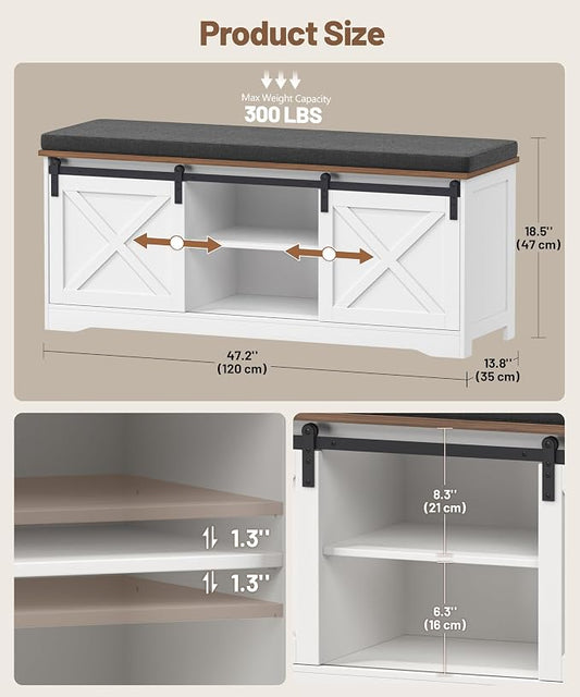 Farmhouse Storage Bench with Cushion, 47.2" Shoe Bench with Slide Barn Doors and Adjustable Shelves, Entryway Bench with Storage for Bedroom, Closet, Living Room, Hallway, White