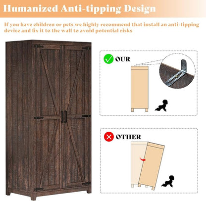AMERLIFE Set of 2 Farmhouse Armoire Wardrobe Closet with 2 Barn Doors, 71'' Storage Cabinet with Shelf & Hanging Rod, Versatile Clothing Storage for Bedroom, Espresso