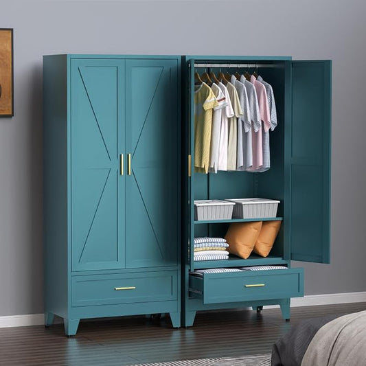 Steel Armoire Wardrobe Closet, 71" Metal Clothing Storage Cabinets with 2 Doors, 1 Drawer & 1 Adjustable Shelf, Blue Wardrobe Cabinet with Hanging Rod for Bedroom, Gym