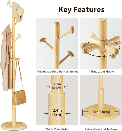 Taitiy Solid Wood Coat Rack Freestanding Coat Tree with 10 Hooks for Bedroom, Livingroom, Entryway, Sturdy Coat Hanger Stand for Hats, Coats, Scarves, Handbags, Purses