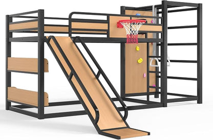 Bellemave Twin XL Bunk Bed with Basketball Hoop, Pull-up Rings and Climbing Wall, Twin XL Bunk Bed with Slide and Bookcase, Heavy Duty Bunk Beds with Guardrail, Natural