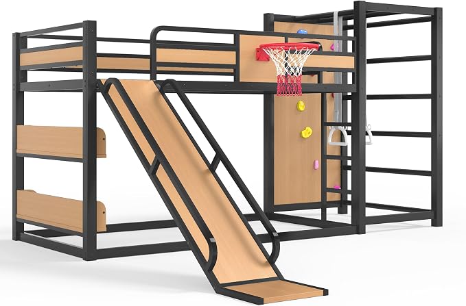Harper & Bright Designs Heavy Duty Metal Bunk Bed with Slide and Basketball Hoop, Twin XL Size Bunk Bed with Bookshelf and Pull-up Rings for Bedroom, Black+Yellow