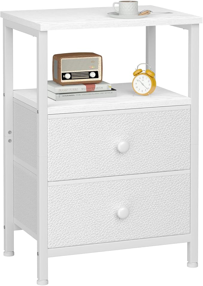 LOAKEKEL Night Stand, Nightstand with 2 Fabric Drawers for Bedroom, Small End Table with Open Storage Shelf for Living Room, Bedisde Table for Apartment, White, HETS002WP-1