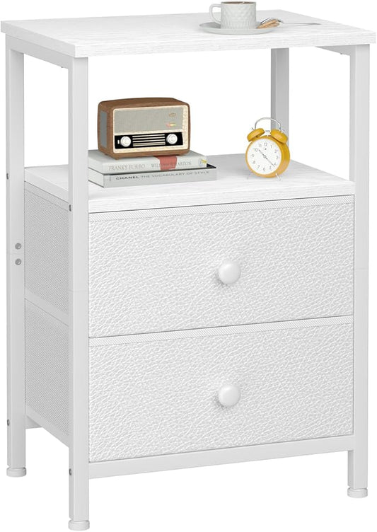 LOAKEKEL Night Stand, Nightstand with 2 Fabric Drawers for Bedroom, Small End Table with Open Storage Shelf for Living Room, Bedisde Table for Apartment, White, HETS002WP-1