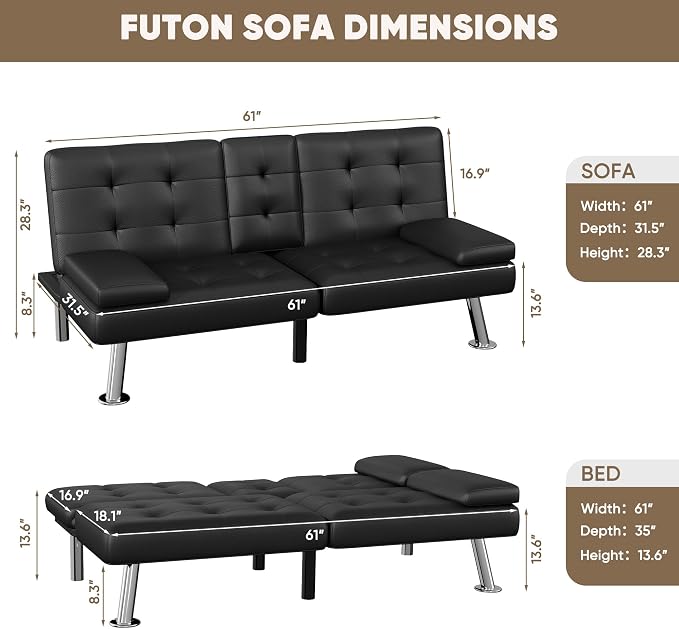 Homall Futon Sofa Bed, Leather Futon Couch with Removable Armrests, Adjustable Recliner Sleeper Sofa Bed with Dual Cup Holders for Living Room, Apartment, Office (Black)
