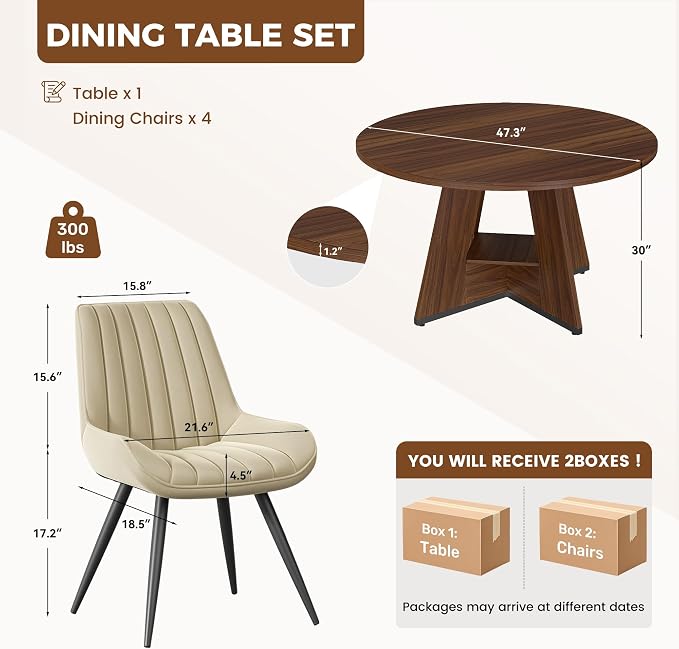 Miereirl 47.3 Inch Round Dining Table Set for 4, Round Kitchen Table with Chairs, Space Saving Dining Room Table Set with Storage Shelf for Apartment Kitchen Dining Room, Walnut Table+4 Beige Chairs
