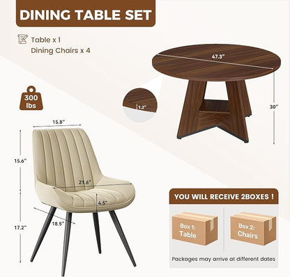 Miereirl 47.3 Inch Round Dining Table Set for 4, Round Kitchen Table with Chairs, Space Saving Dining Room Table Set with Storage Shelf for Apartment Kitchen Dining Room, Walnut Table+4 Beige Chairs