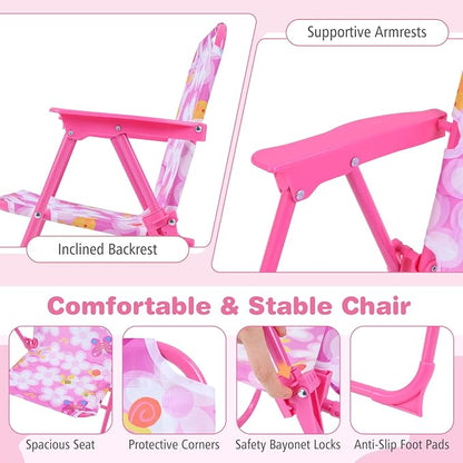 Costzon Kids Picnic Table, Kids Outdoor Table with 2 Folding Chairs, Height Adjustable Umbrella, Portable Children Outdoor Furniture for Patio, Garden, Backyard (Pink Flowers)