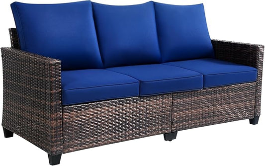 3-Seat Outdoor Sofa, PE Rattan, Blue | High Back Support,Deep Seat Comfort,All-Weather Cushions,For Patio/Garden/Deck,Modern Style