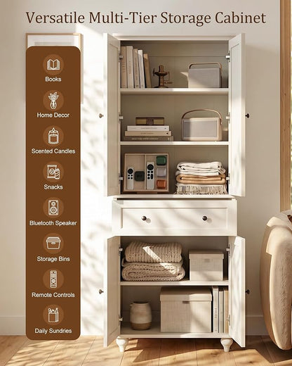 80" Tall Storage Cabinet with Louvered Doors and Adjustable Shelves, Farmhouse Kitchen Pantry Cabinet, Freestanding Storage for Dining Room, Living Room, Home Office, Bathroom, Rustic White