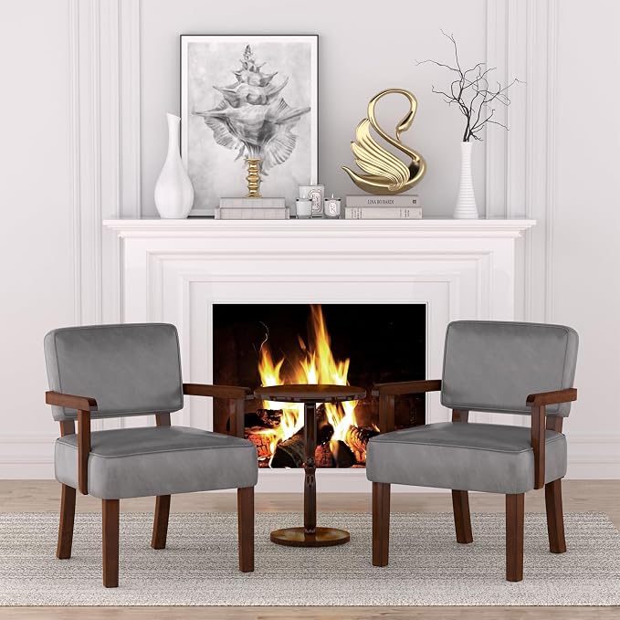 FAGAGA Accent Chair Set of 2 with Table, PU Leather Oversized Living Room Chairs with Soft Seat and Armrests, Armchair for Bedroom, Dinning, Reading and Waiting Rooms (Leather Gray)