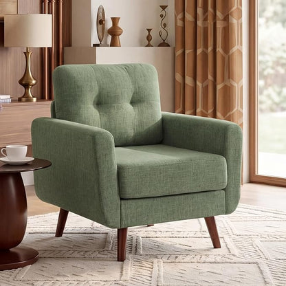 Tbfit Linen Fabric Single Sofa, Accent Chair, Mid Century Modern Armchair for Living Room, Bedroom Button Tufted Upholstered Comfy Reading Sofas, Green