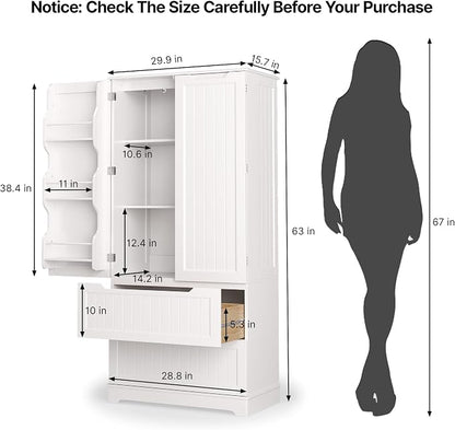 Gizoon 63" Tall Kitchen Pantry Cabinet with Drawers for Dining Room, Food Pantry Storage Cabinet with 6 Doors Shelves for Snack and Spice, Large Craft Storage Cabinet for Craft Room, White, Painted