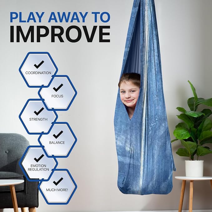 Indoor Sensory Swing for Kids or Outdoor – Holds 300lbs, Double-Layer, & 360° Swivel, Calming Compression Therapy Swing Hammock for Kids & Adults with All Hardware – Sensory-Motor Toys & Gifts