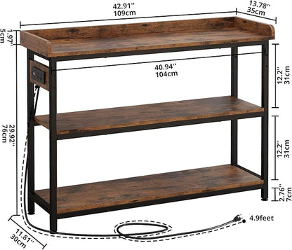 IRONCK Console Table, Sofa Table with Power Outlet, Farmhouse Hallway Table for Entryway, Living Room, Height Adjustable, Easy Assembly, Rustic Brown, 43"