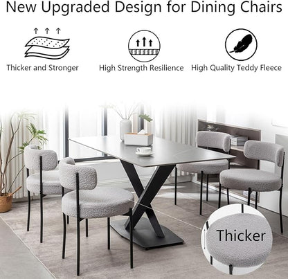 Cinxzar Boucle Dining Chairs Set of 6, Upholstered Dining Room Chairs with Black Metal Legs, Round Modern Dining Chair for Dining Room, Kitchen (Light Grey)