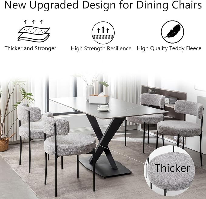 Cinxzar Boucle Dining Chairs Set of 2, Upholstered Dining Room Chairs with Black Metal Legs, Round Modern Dining Chair for Dining Room, Kitchen (Light Grey)