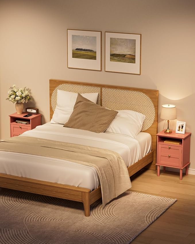 Nightstand, Boho Night Stand with 1 Drawers, Modern Side Accent Table with Open Shelf, Wooden Top Bedside End Table for Bedroom, Living Room, Pink
