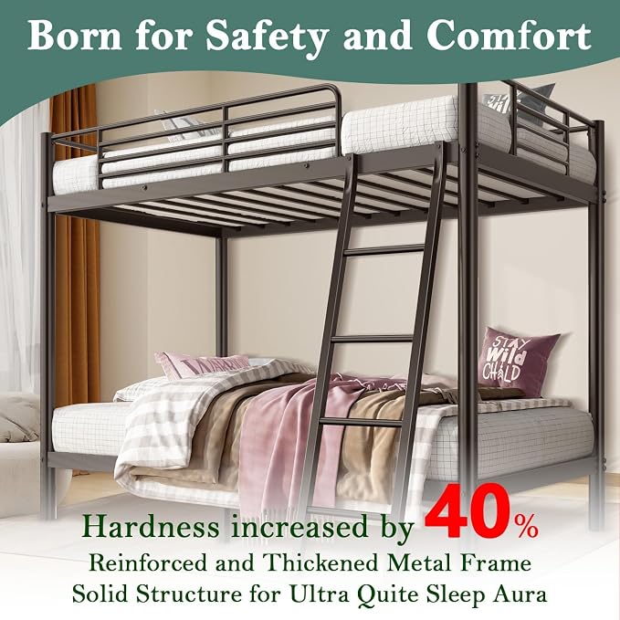 Bunk Bed Twin Over Twin with Safety Guardrail & Ladder,Space Saving Twin Bed Frames for Kids Teens and Adults,Heavy Duty Metal Bunk Bed for School Bedroom,No Box Spring Needed（Black）